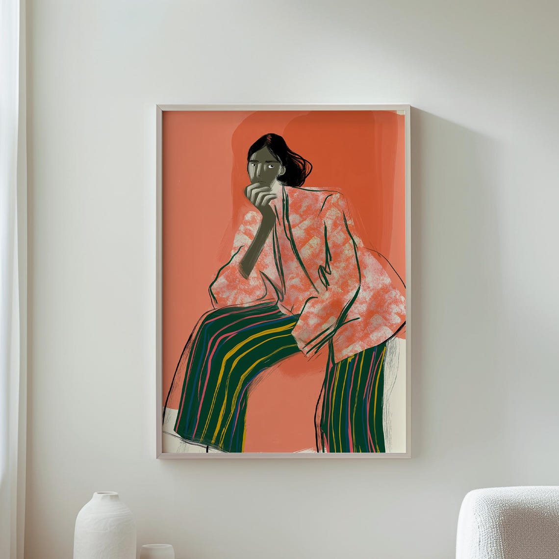 Fashion Woman Pink Patterned Jacket Coral Background Art Poster