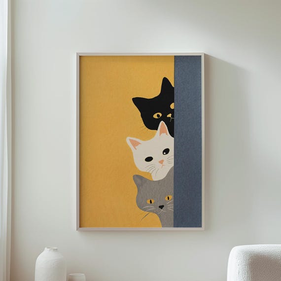 Playful Cat Art Decor Cute Cats Hiding Yellow Blue Background Animal Lover Gift Whimsical Wall Pet