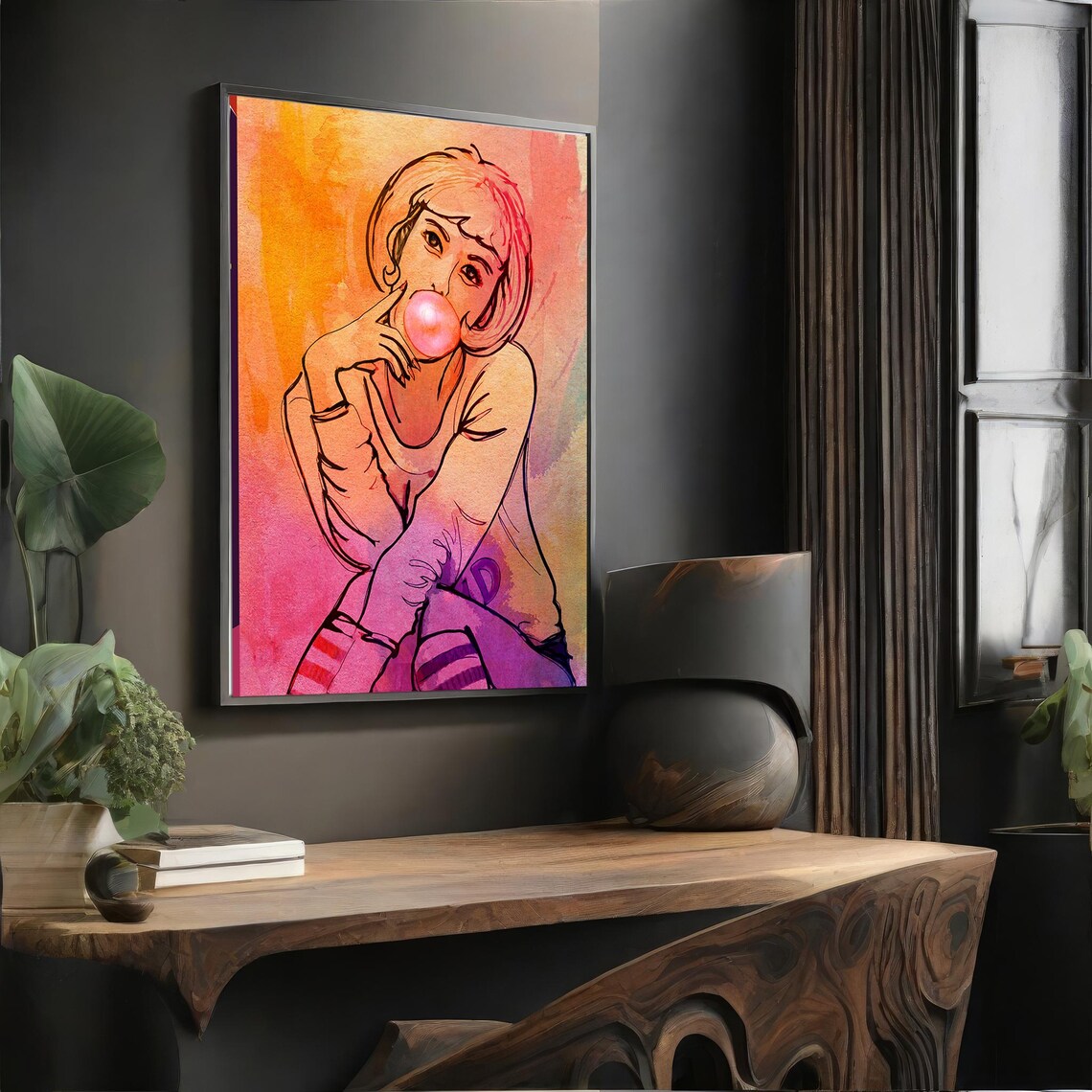 Girl Blowing Pink Bubblegum Pop Art Watercolor Painting Wall Art - Image 4