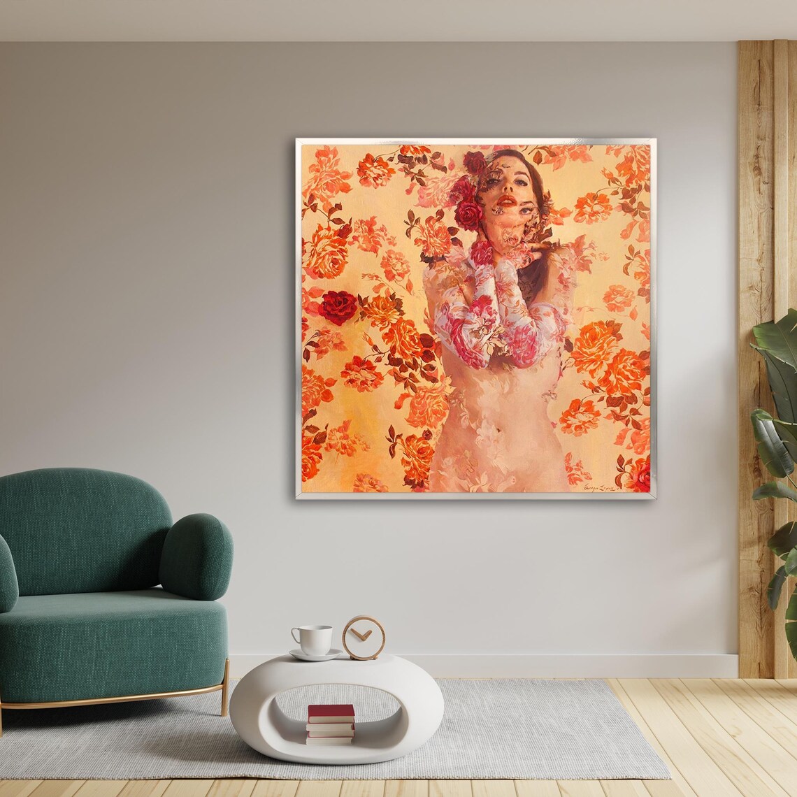 Floral Woman Orange Roses Double Exposure Botanical Art Poster - Image 2