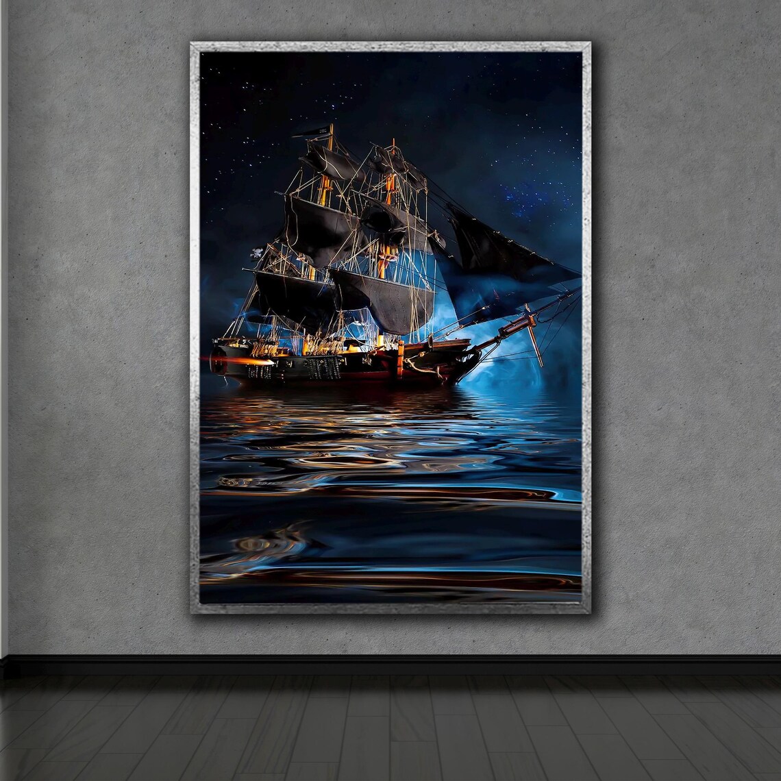 Pirate Ship Sailing at Night on a Glowing Moonlit Sea Fantasy Poster - Image 2