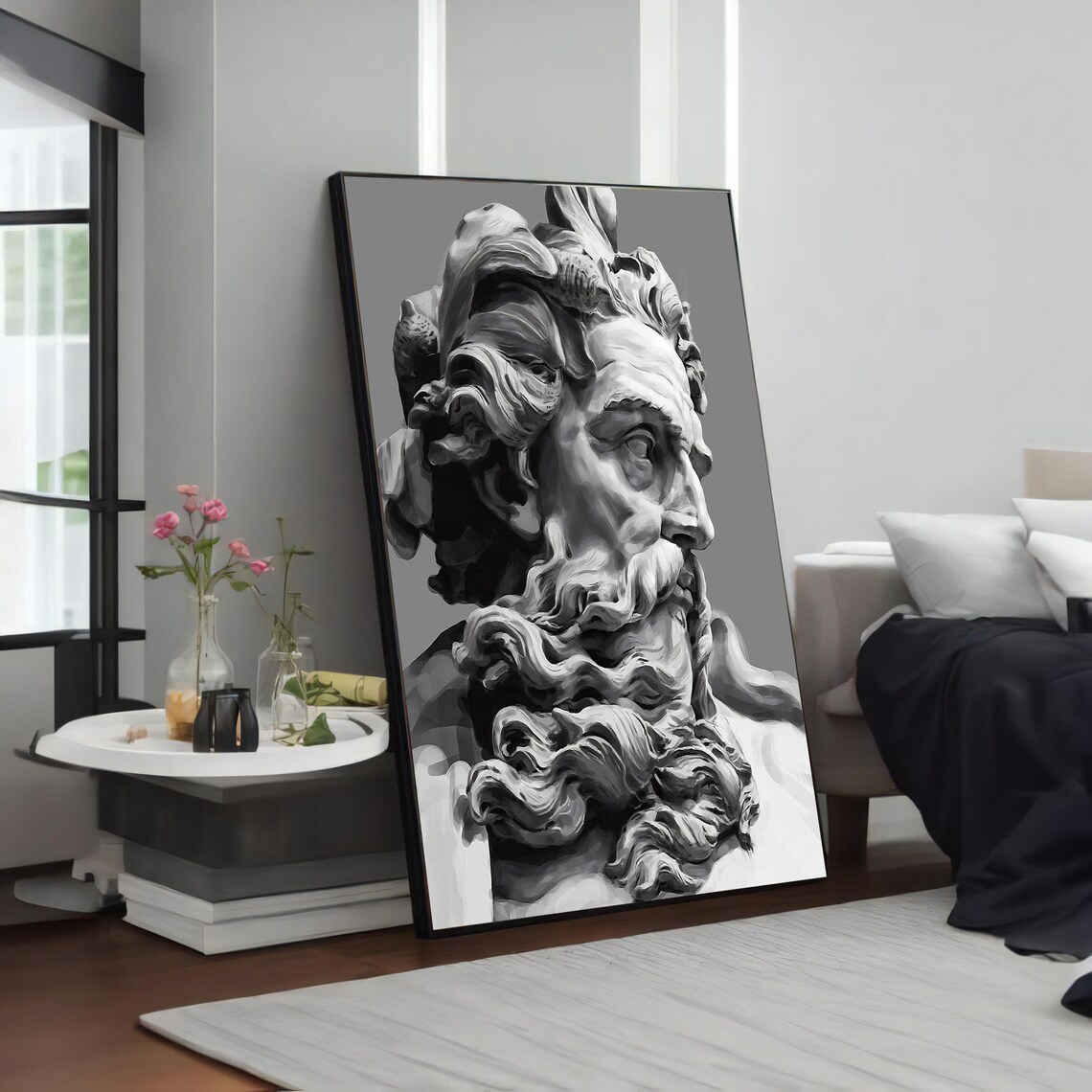 Ancient Greek God Marble Bust Black and White Statue Wall Art - Image 3