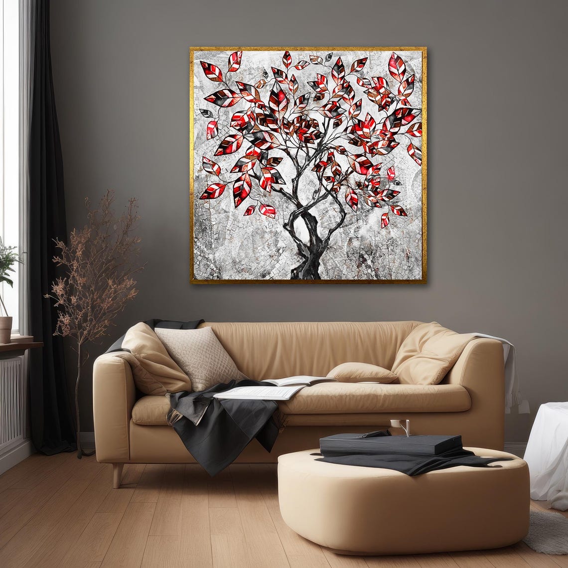 Red Leaves Tree Textured Background Modern Botanical Art Poster - Image 3