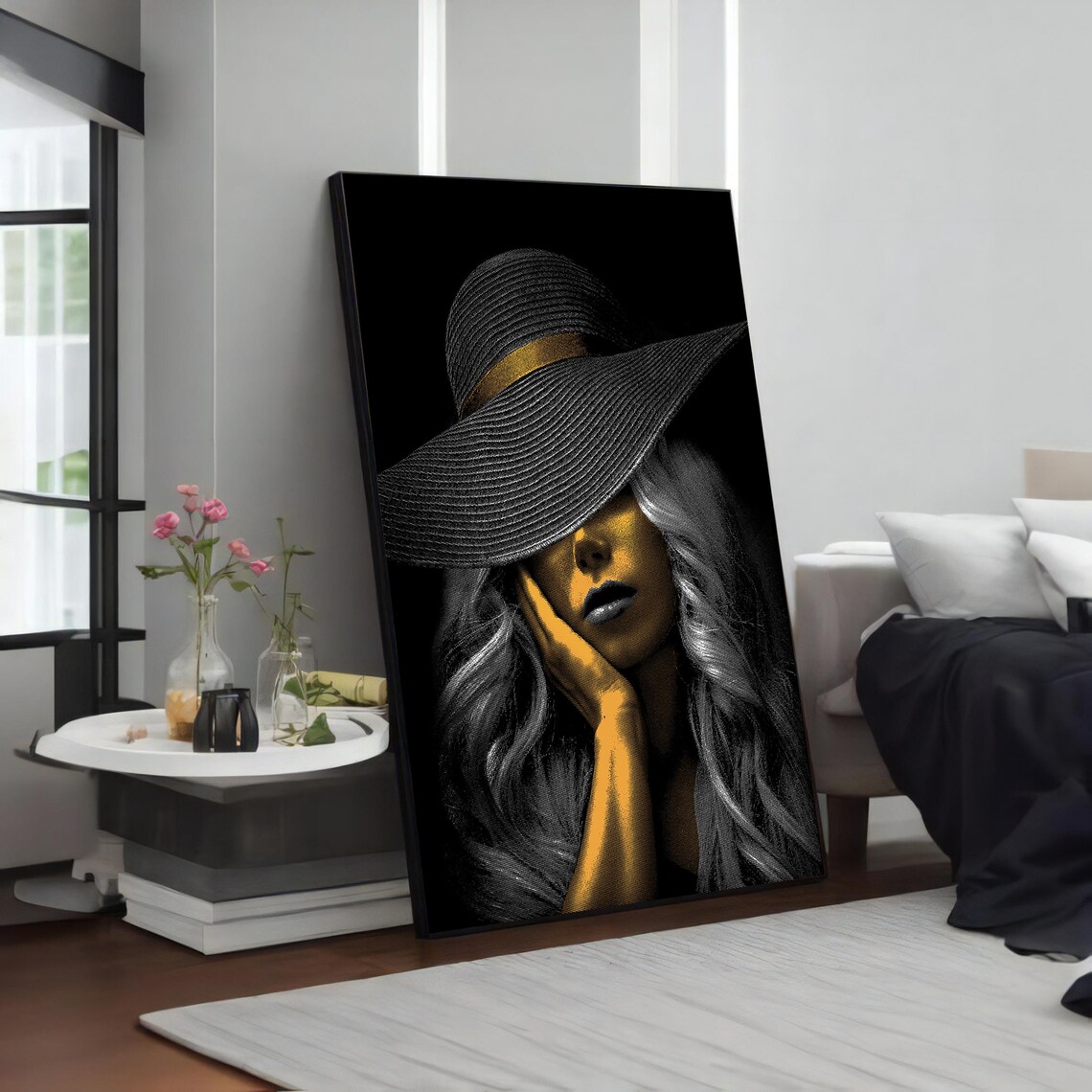 Mysterious Woman in Golden Hat Black and White Elegant Portrait Art Poster - Image 4