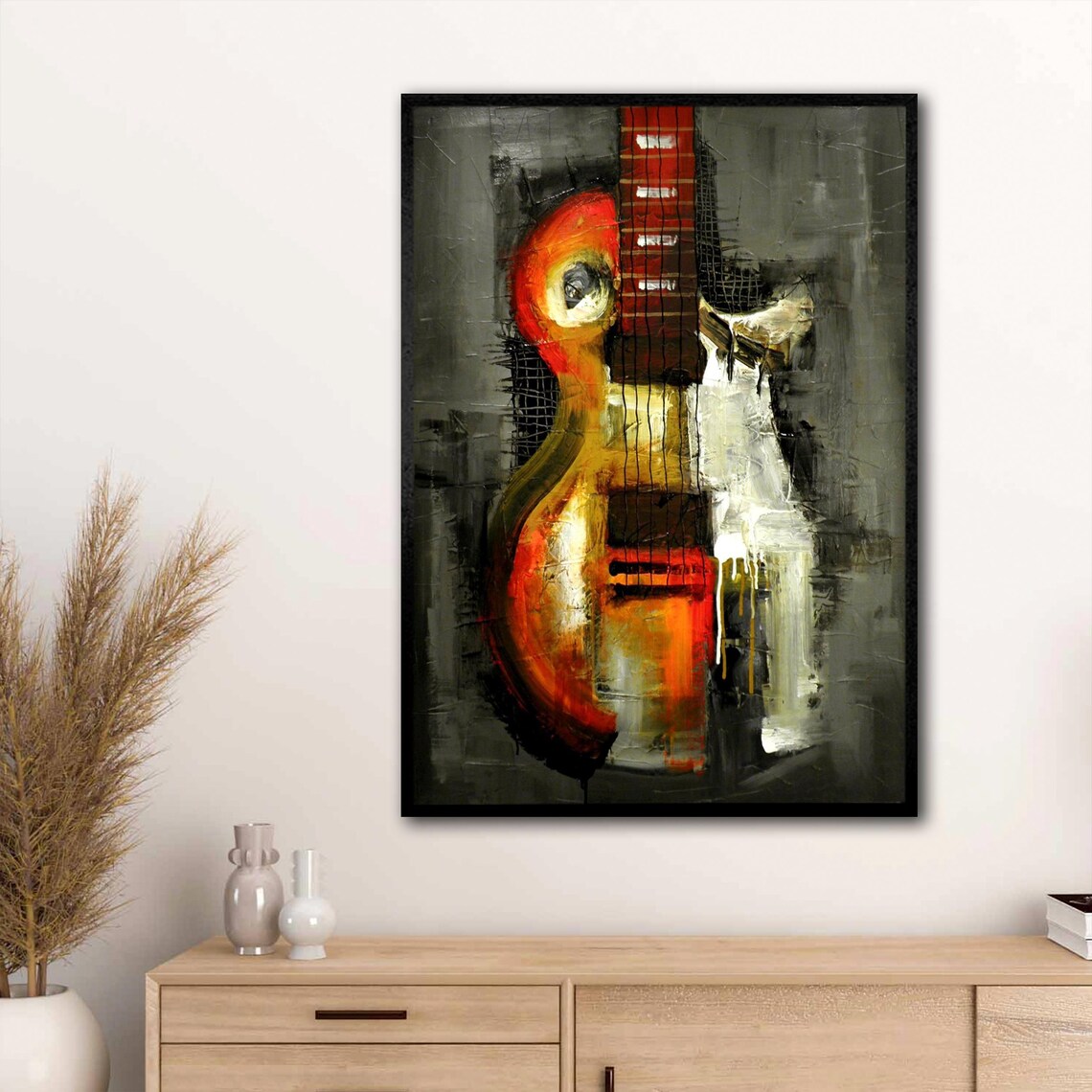Abstract Red Electric Guitar on Dark Gray Modern Music Painting Art Poster - Image 3