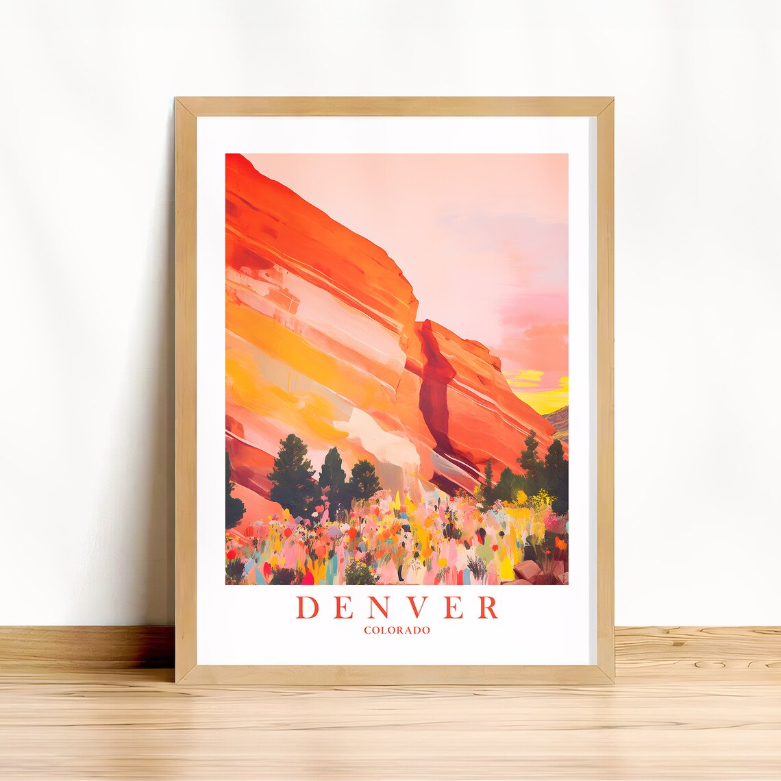 Denver Colorado Red Rocks Cliffs Wildflowers Scenic Travel Poster