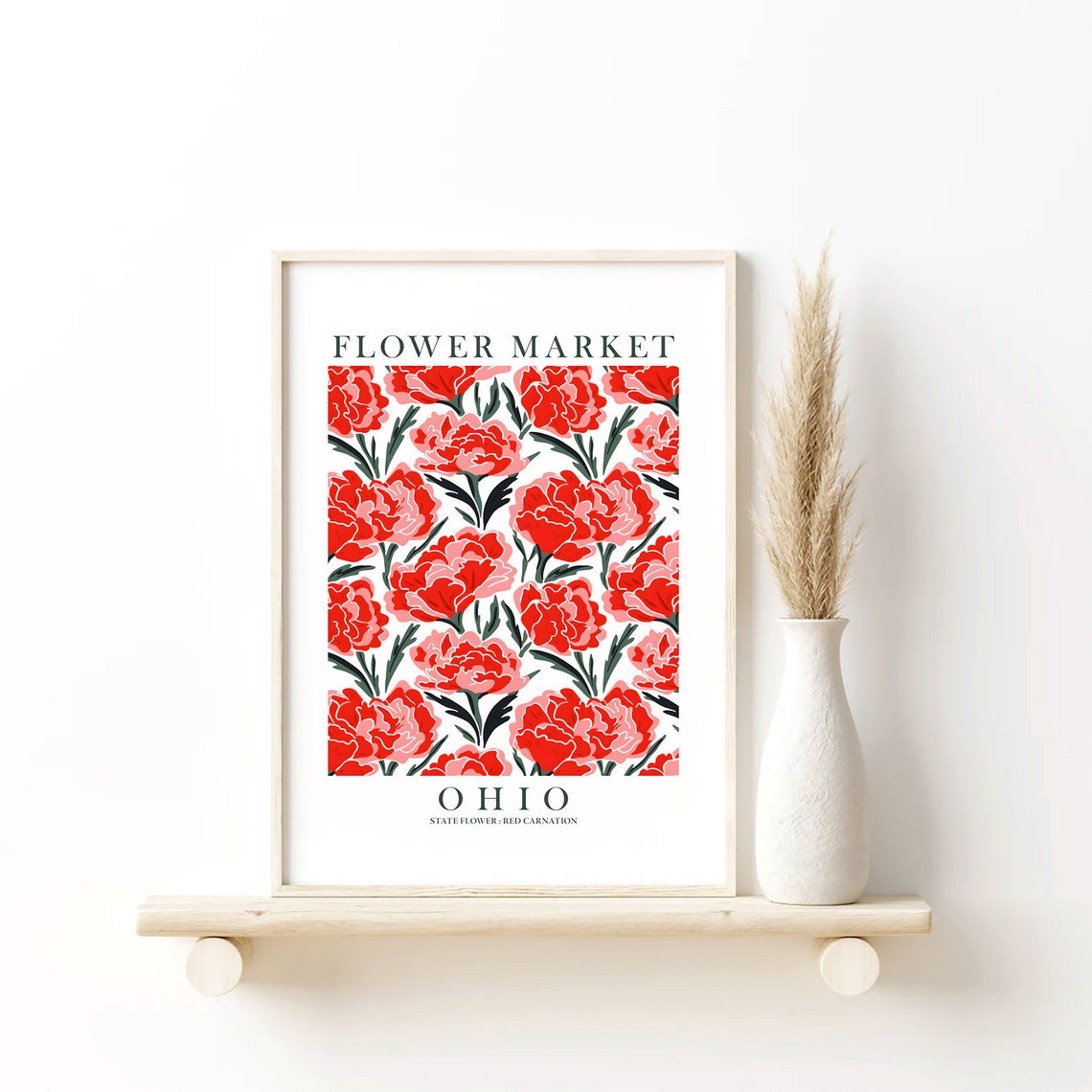 Ohio Flower Market Poster With Bold Red Carnation Bloom Pattern