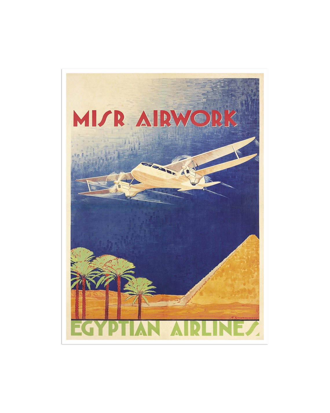 Egypt Vintage Misr Airwork Seaplane Pyramid Airline Travel Poster