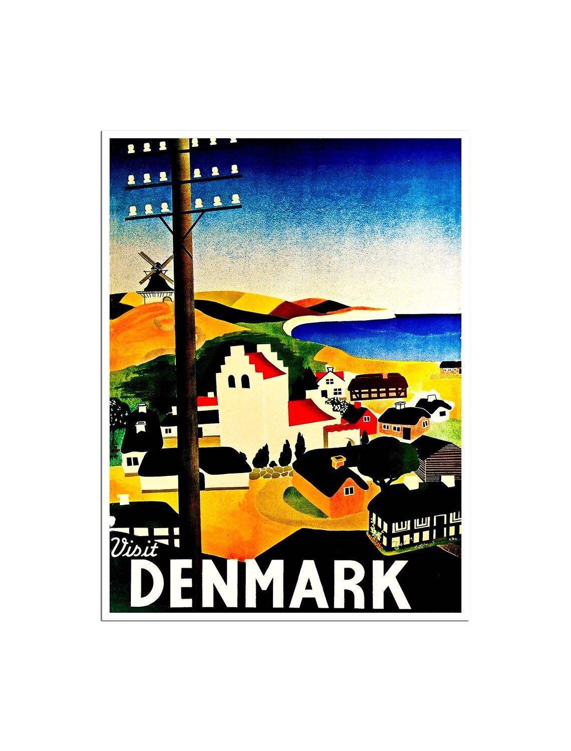Visit Denmark Coastal Village Windmill Vintage Travel Poster