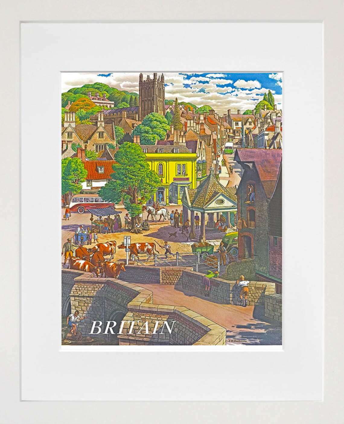 Britain English Village Cattle Market Vintage Travel Poster Art