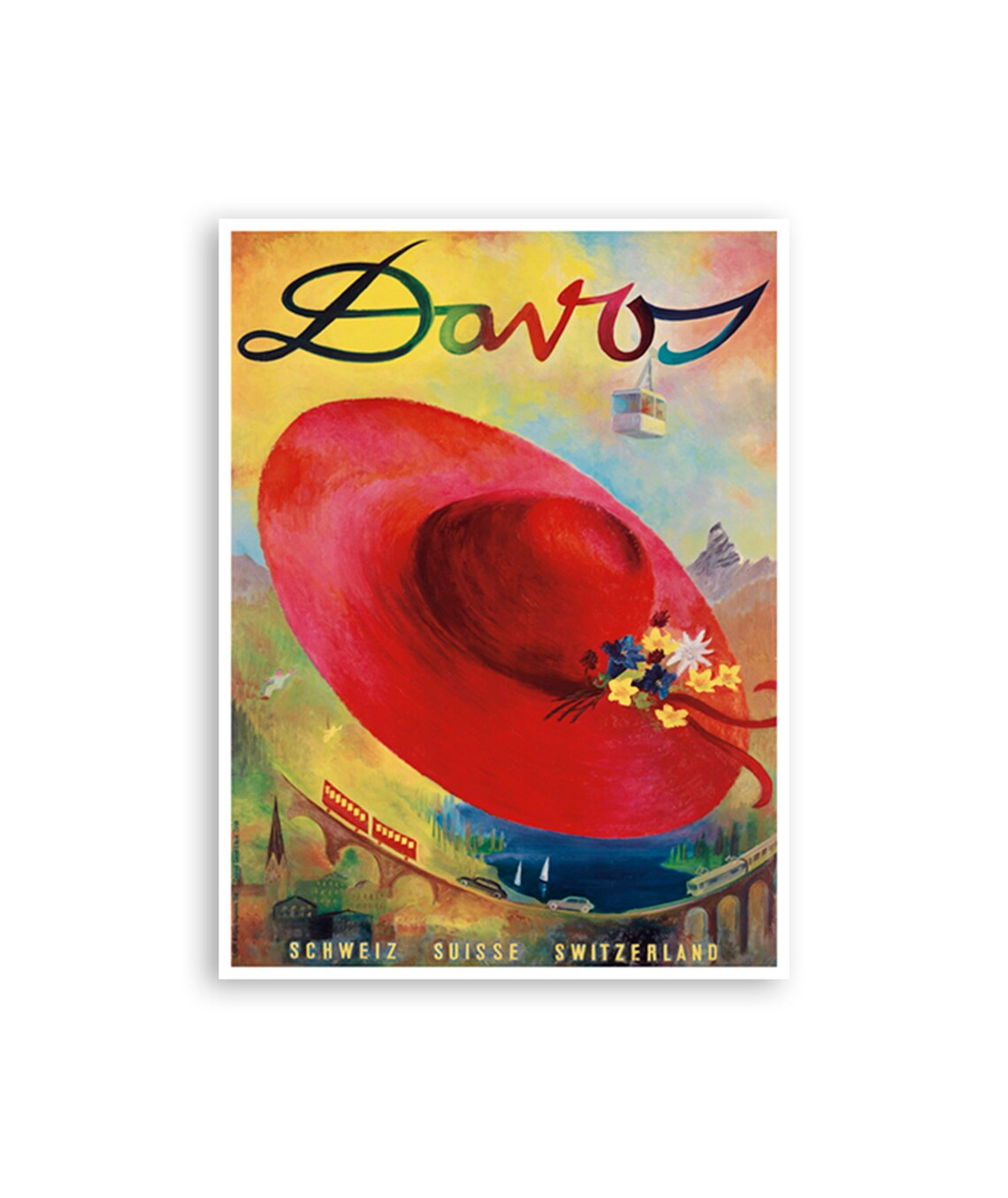 Davos Switzerland Giant Red Hat Cable Car Vintage Travel Poster