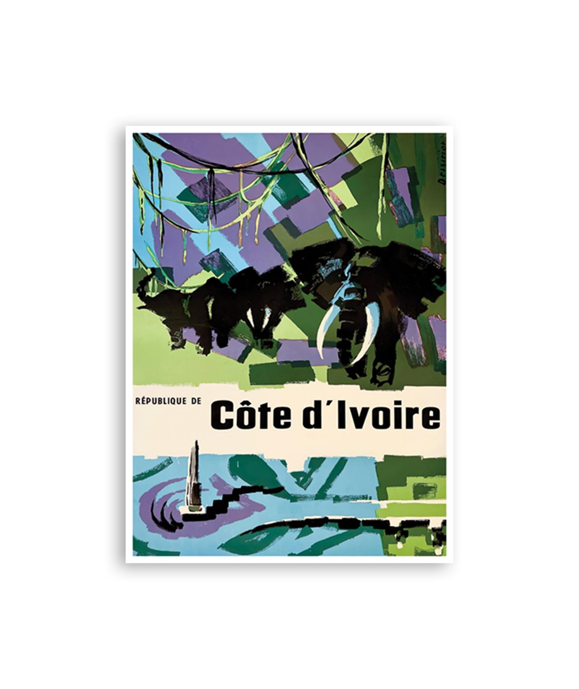 Ivory Coast Elephants Jungle Art Vintage African Travel Poster