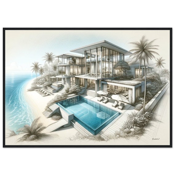 Fine Art Luxury Beach Villa Sketch Framed Architectural Drawing With Swimming Pool Home Decor