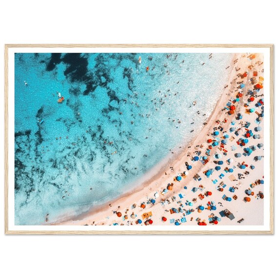 Aerial Beach Umbrellas Turquoise Ocean Crowded Shoreline Photography Poster