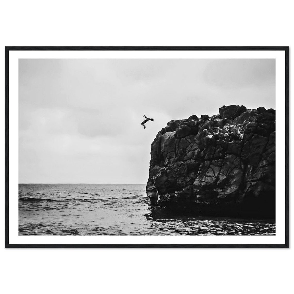 Cliff Jumper Ocean Dive Black White Dramatic Photography Wall Poster