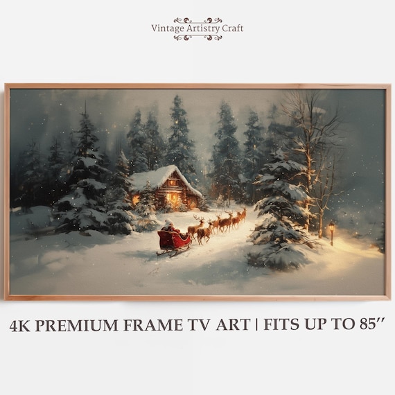 Santa Sleigh Reindeer Snowy Forest Cabin Vintage Christmas Night Wall Art