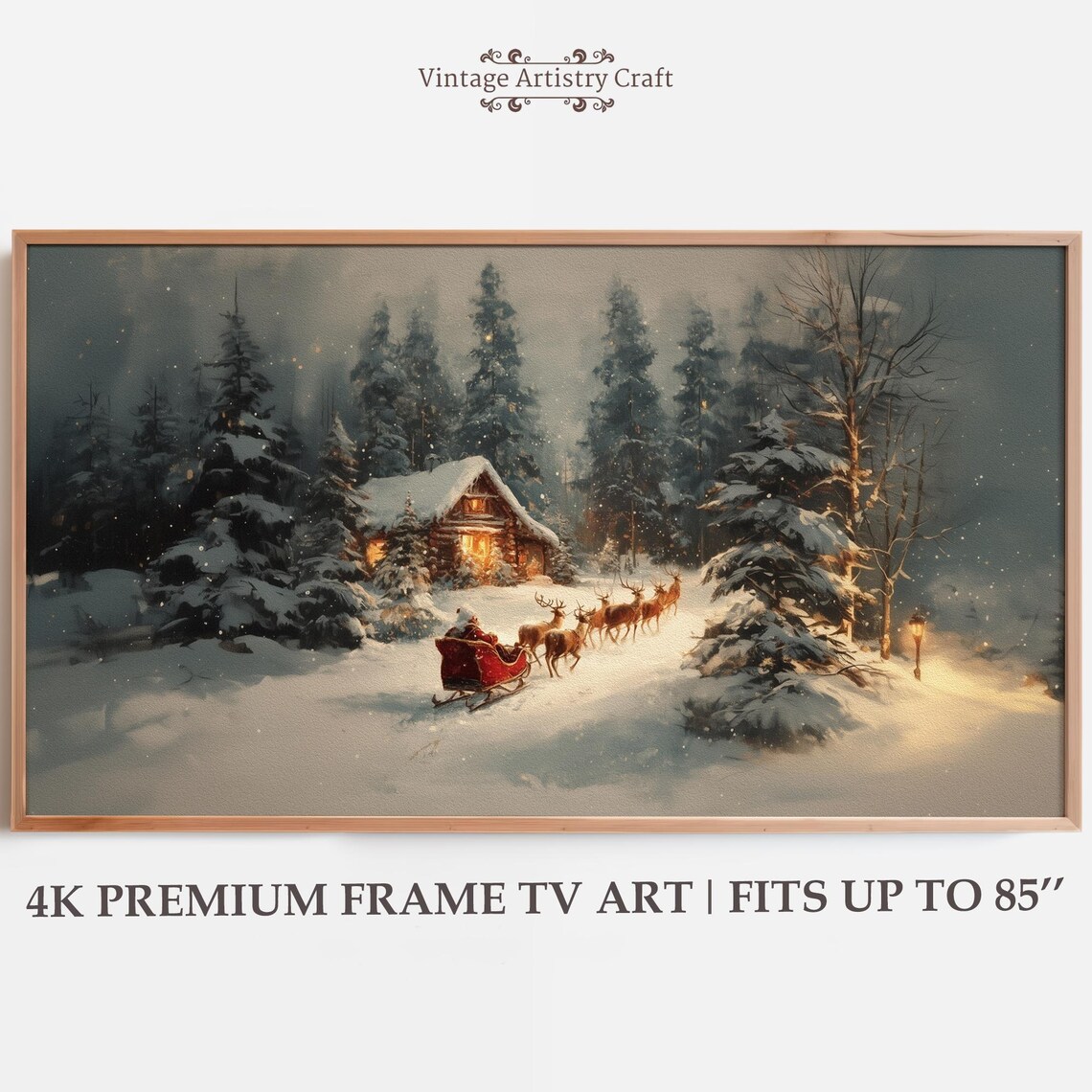Santa Sleigh Reindeer Snowy Forest Cabin Vintage Christmas Night Wall Art