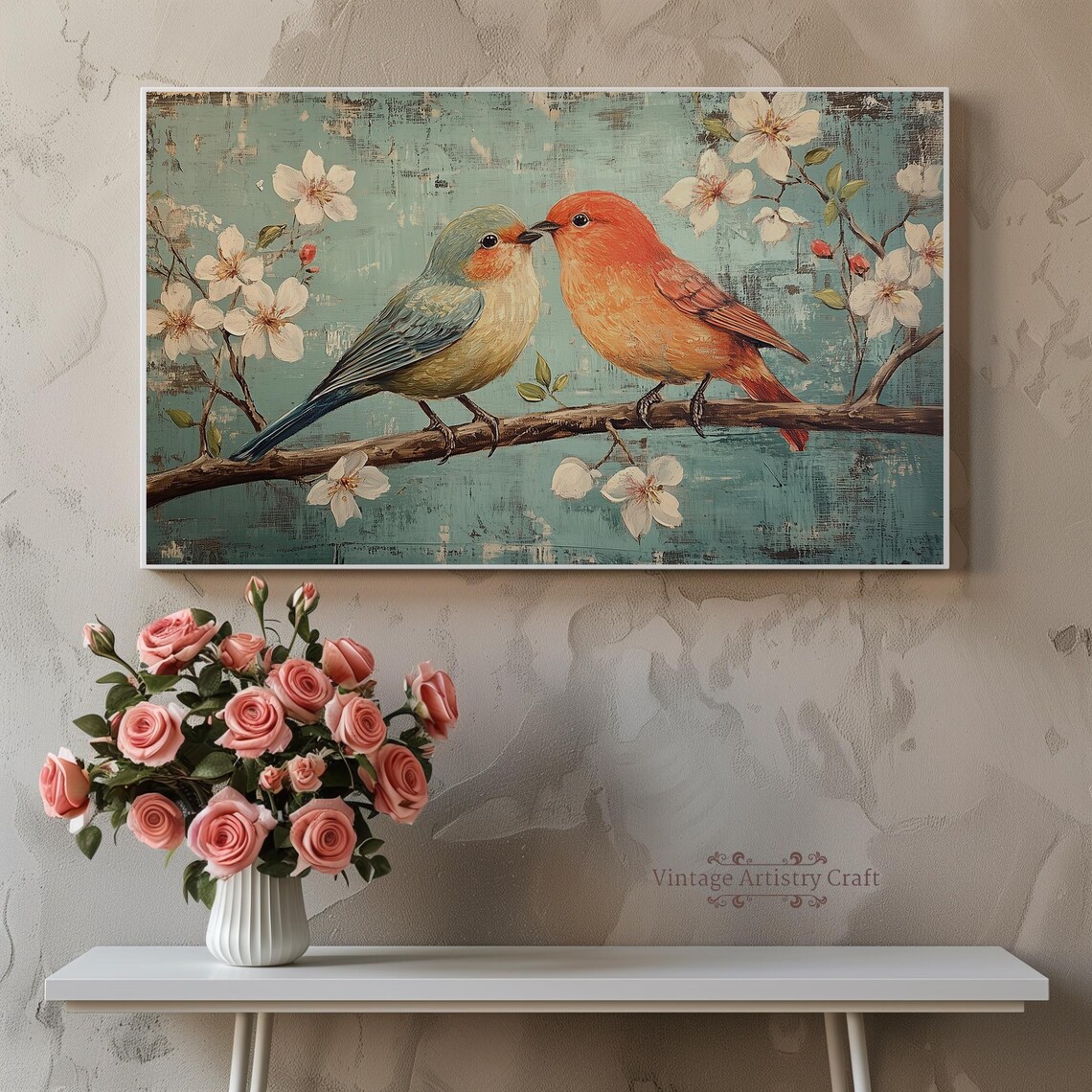 Love Birds Blossom Branch Vintage Teal Spring Romance Painting Poster - Image 4