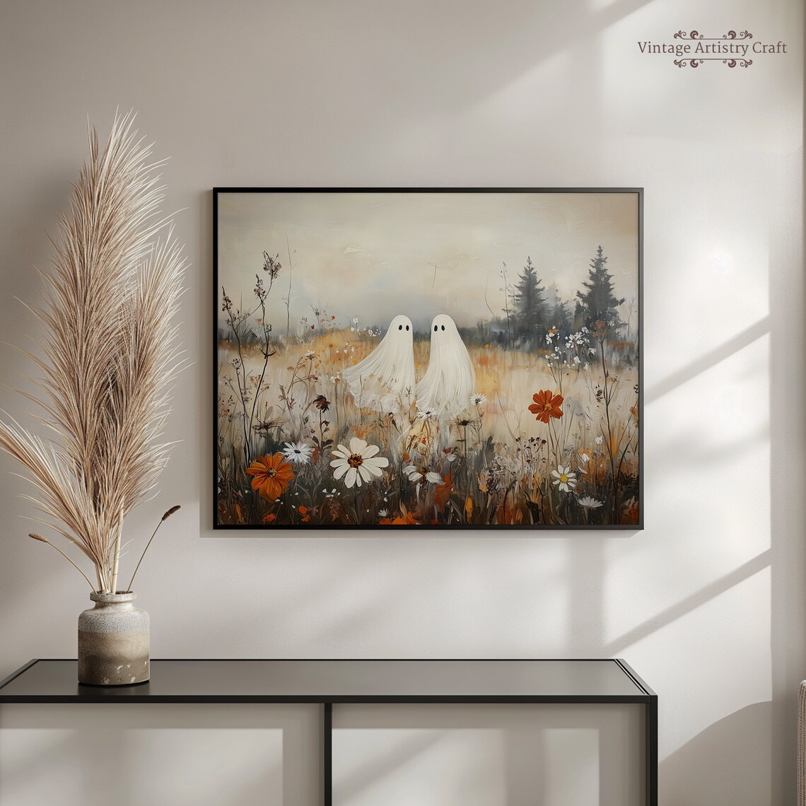 Ghost Pair Autumn Wildflower Field Halloween Vintage Painting Poster - Image 3