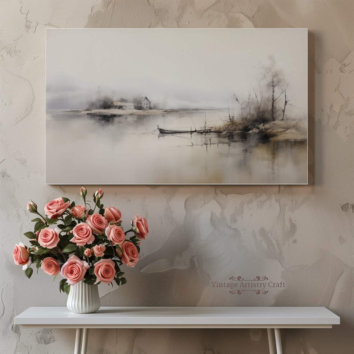 Muted Tonal Misty Lake Cabin Boat Neutral Watercolor Painting Poster - Image 3
