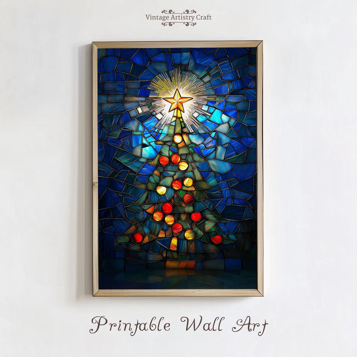 Stained Glass Mosaic Christmas Tree Blue Star Holiday Poster