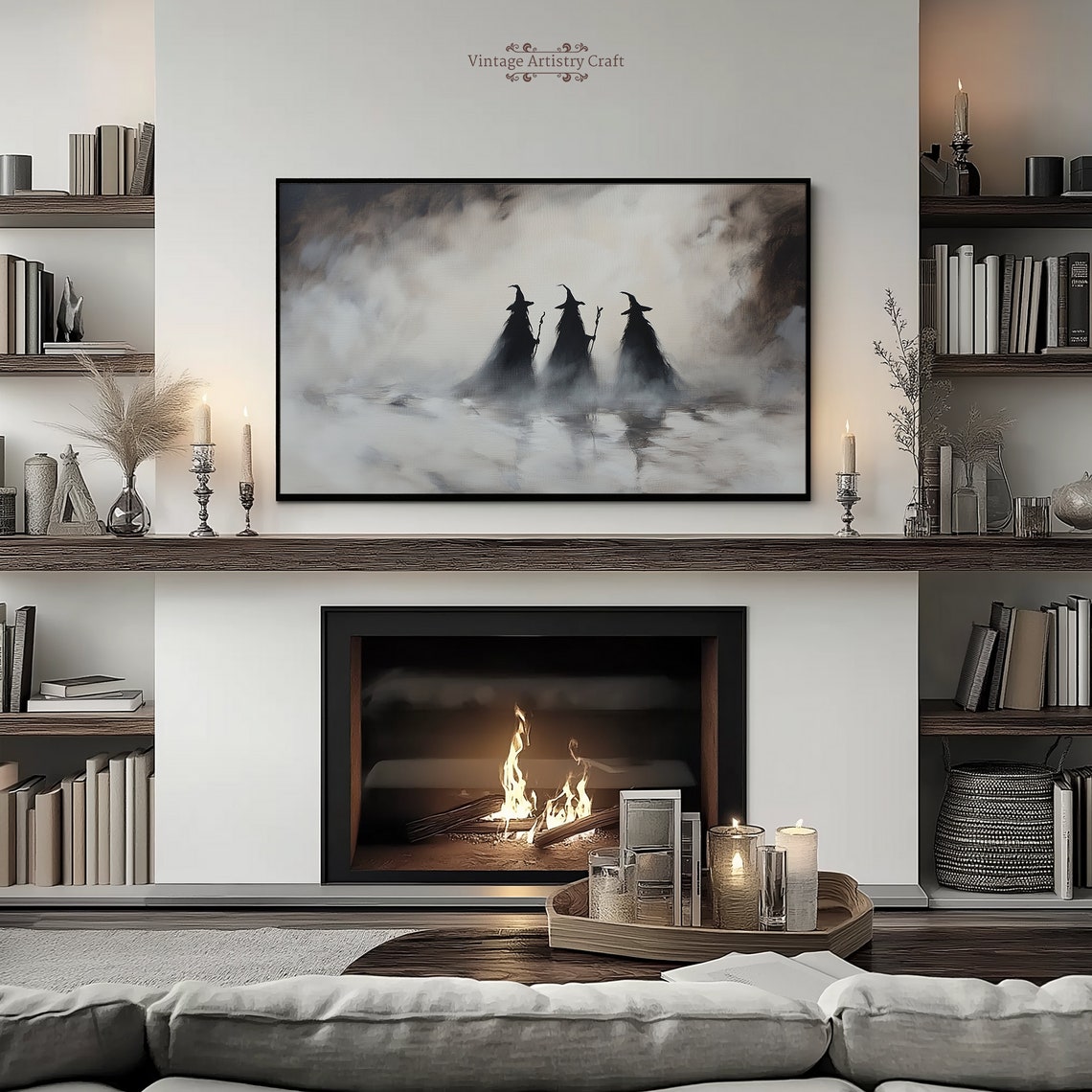 Three Witch Silhouettes Foggy Halloween Spooky Night Art Poster - Image 5
