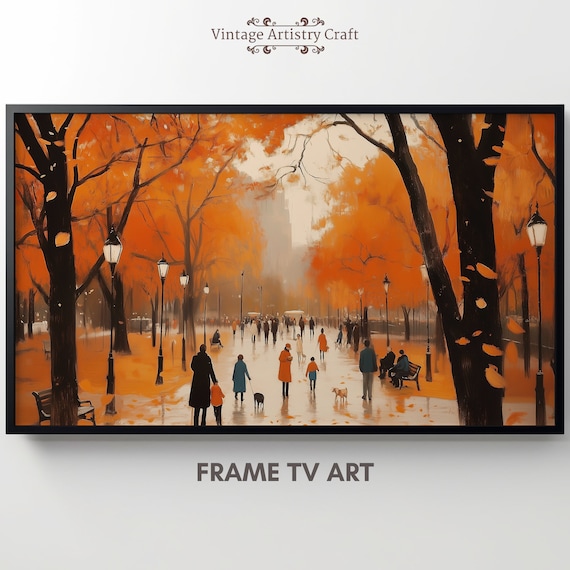 Autumn City Park Stroll Orange Trees Fall Foliage Oil Painting Poster