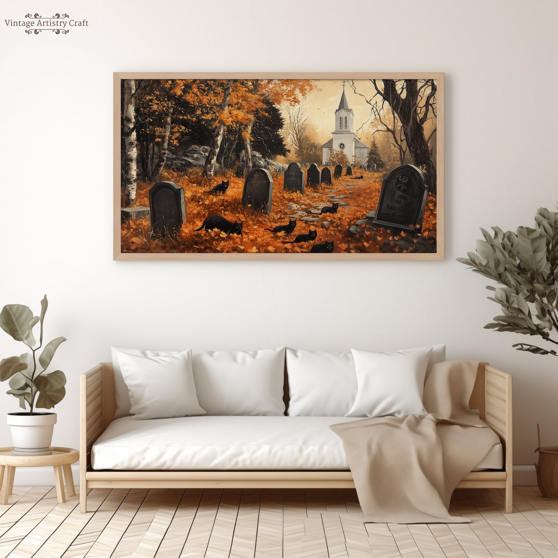 Spooky Black Cats Autumn Graveyard Halloween Vintage Painting Poster - Image 4