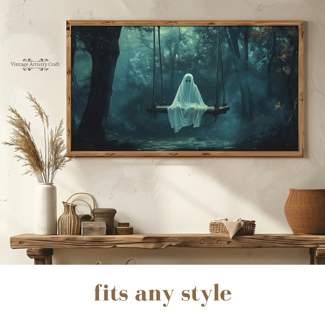 Cute Sheet Ghost on Swing in Misty Forest Spooky Halloween Poster - Image 7