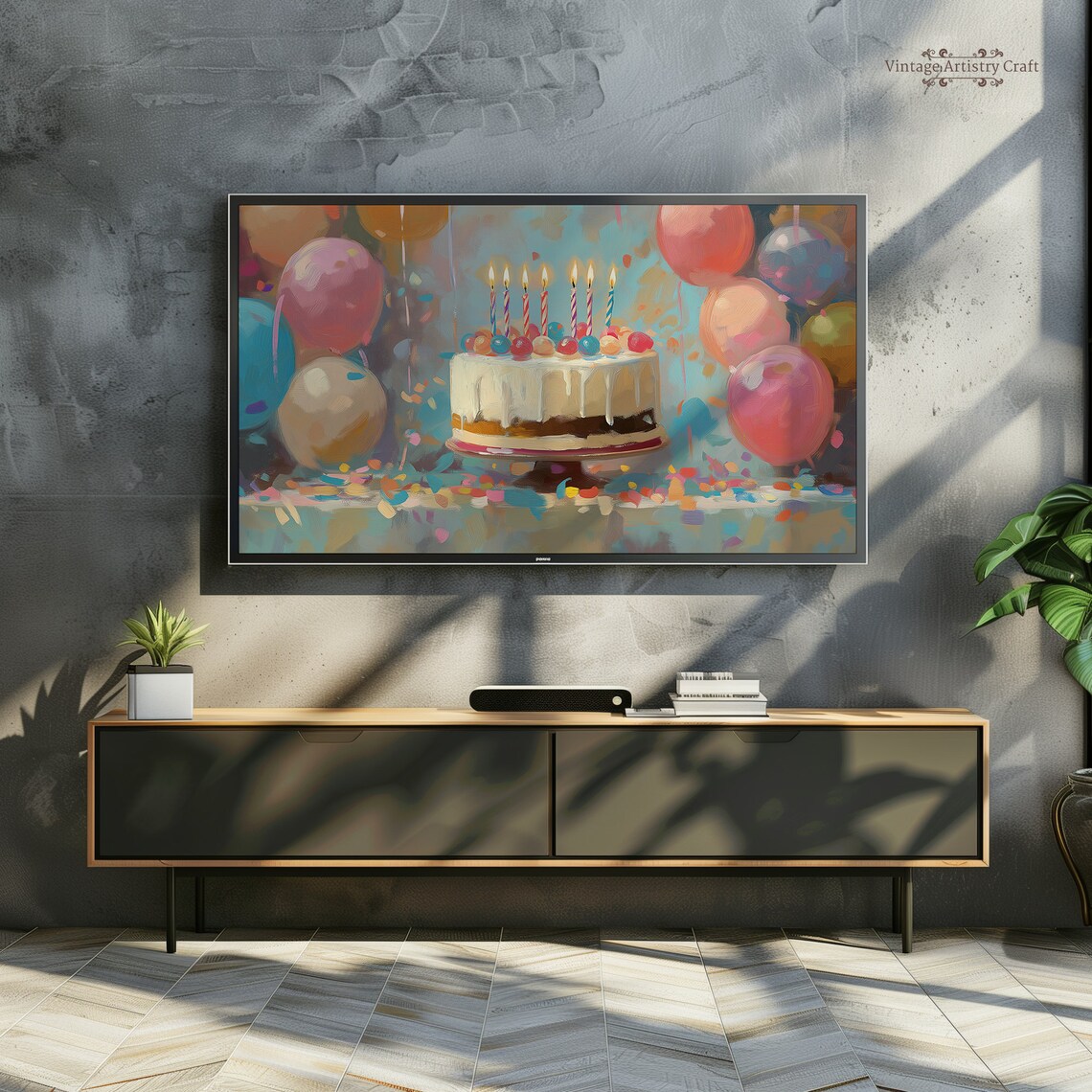 Colorful Birthday Cake Balloons Party Celebration Oil Painting Poster - Image 4