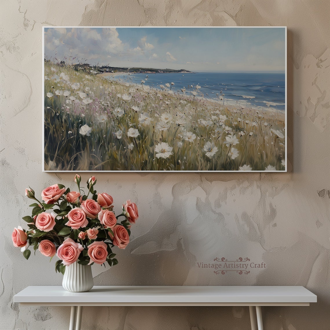 White Daisy Meadow By The Sea Summer Coastal Landscape Poster - Image 7