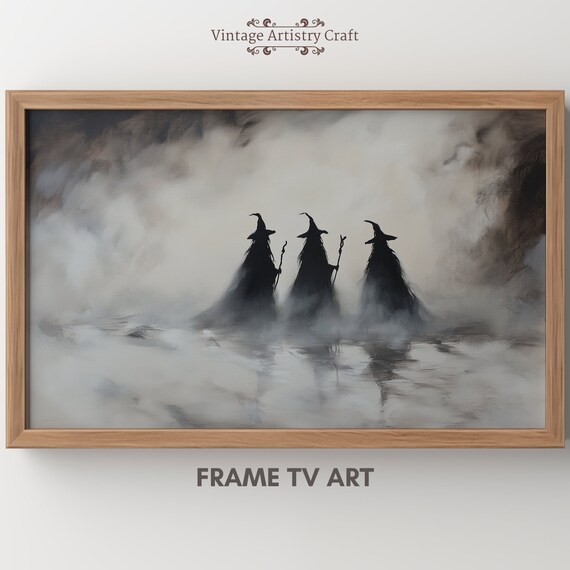 Three Witch Silhouettes Foggy Halloween Spooky Night Art Poster