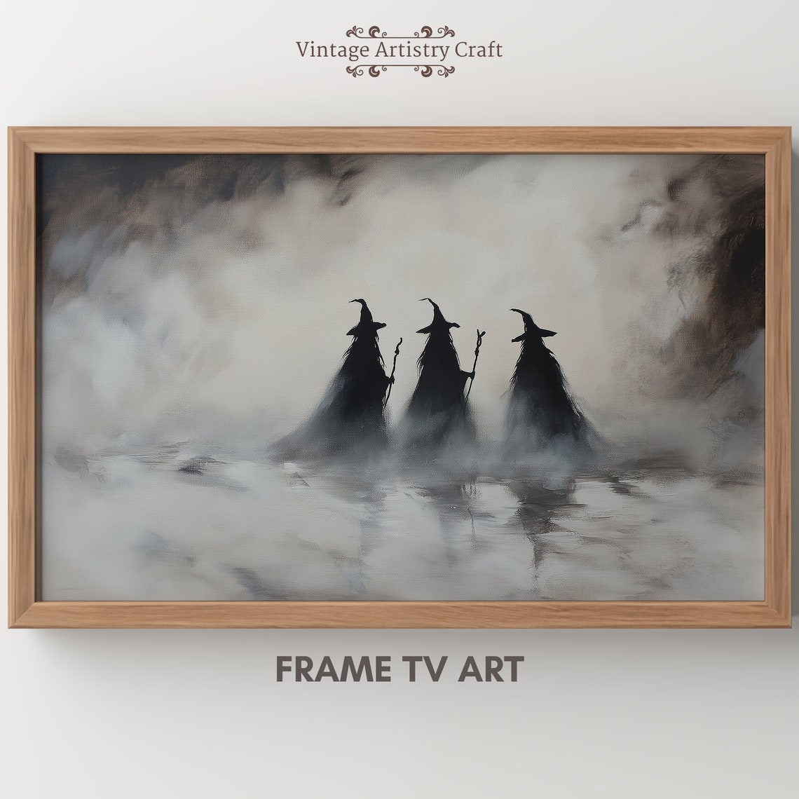 Three Witch Silhouettes Foggy Halloween Spooky Night Art Poster