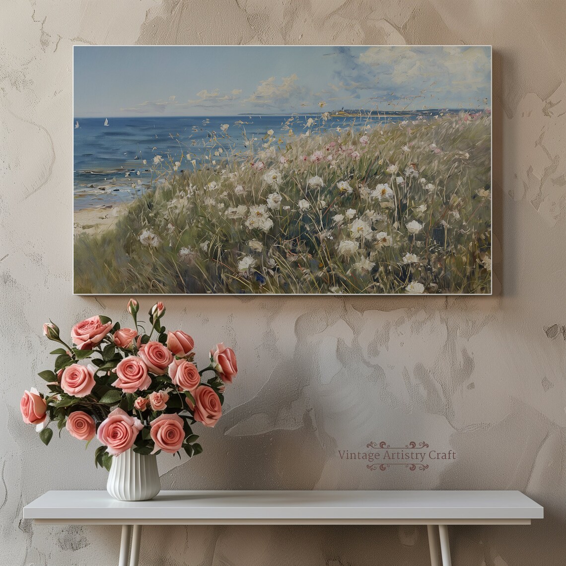 Summer Coastal Wildflower Meadow Ocean Sailboat Vintage Painting Poster - Image 7