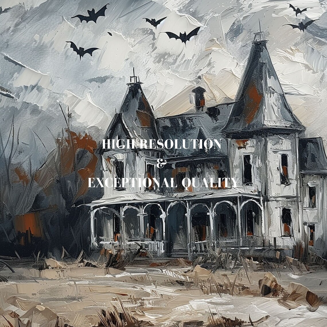 Grey Haunted House Bats Stormy Sky Vintage Halloween Painting Poster - Image 8