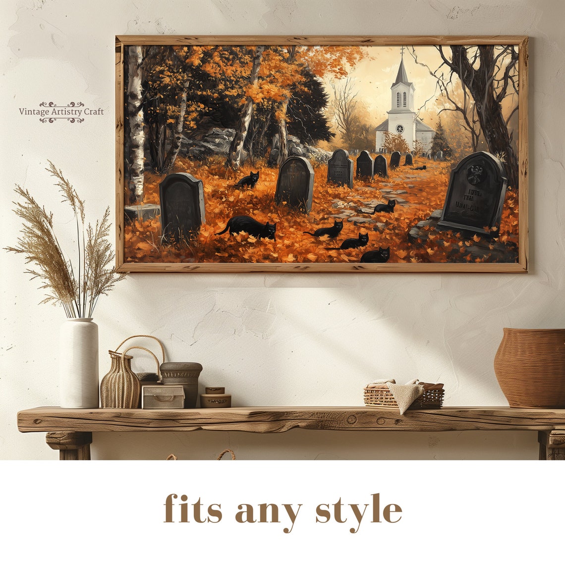 Spooky Black Cats Autumn Graveyard Halloween Vintage Painting Poster - Image 8