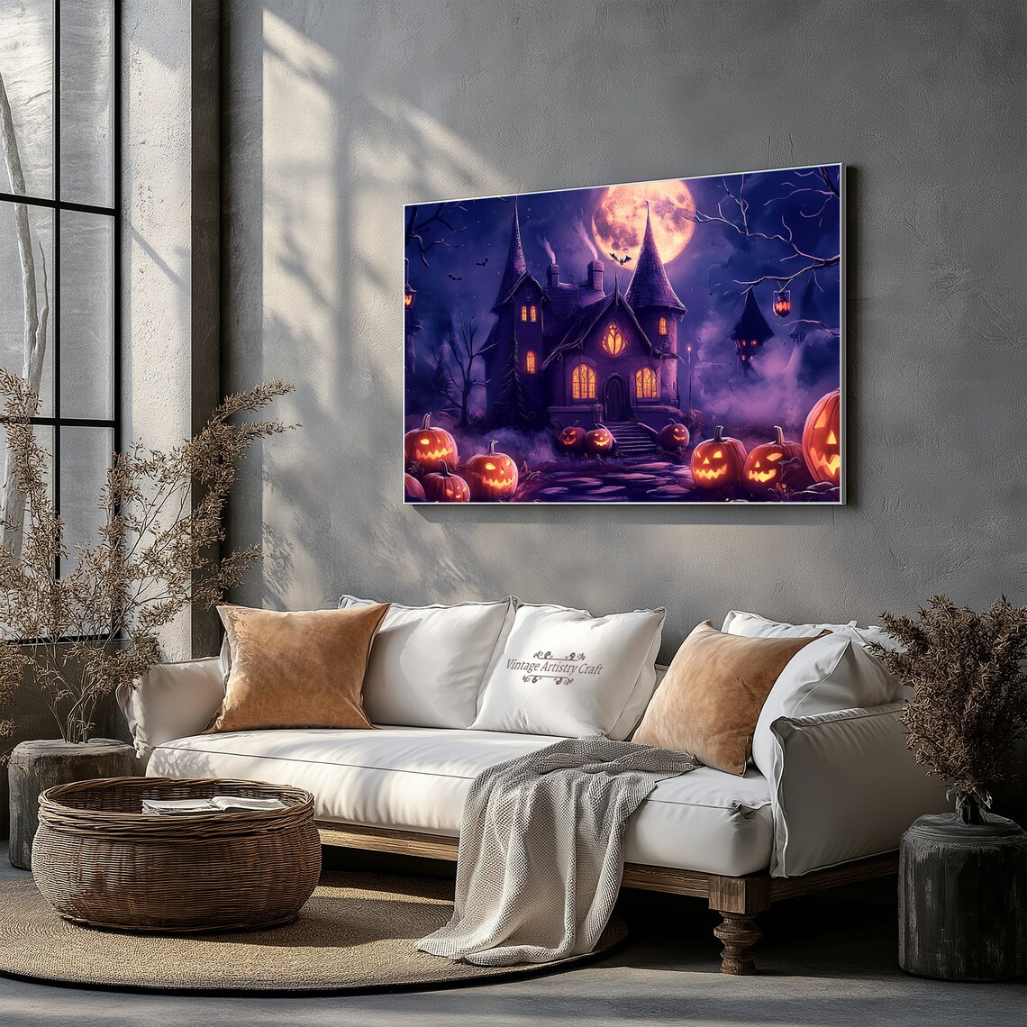 Haunted House Halloween Night Full Moon Pumpkins Spooky Painting Poster - Image 3