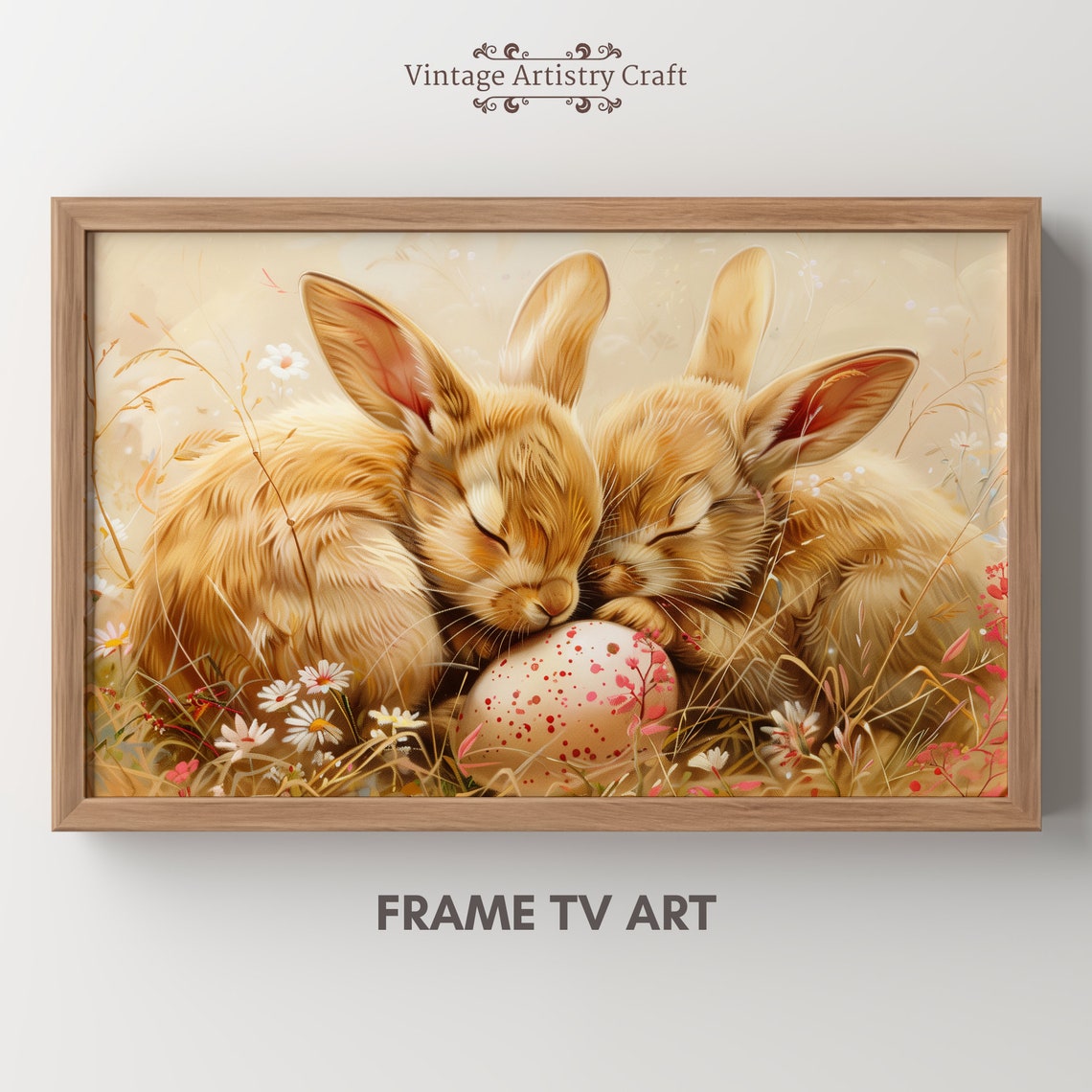 Two Sleeping Bunny Rabbits With Painted Egg Soft Pastel Poster