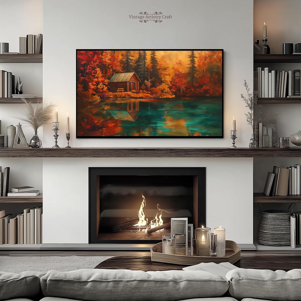 Autumn Log Cabin Vintage Oil Painting Art Print - Image 5