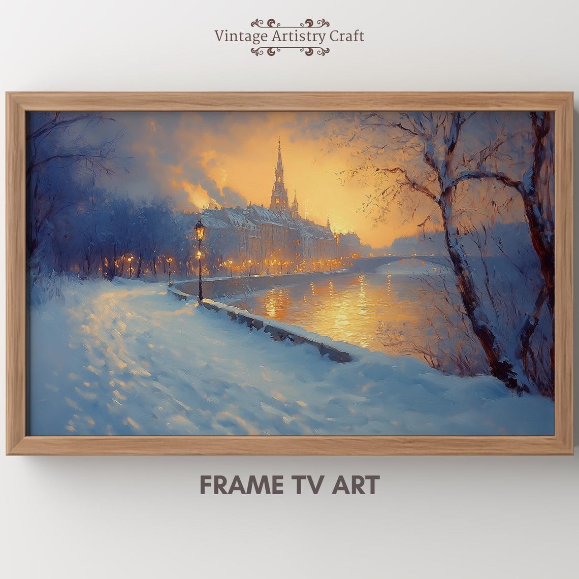 Snowy River Town Golden Sunset Glow Impressionist Winter Poster