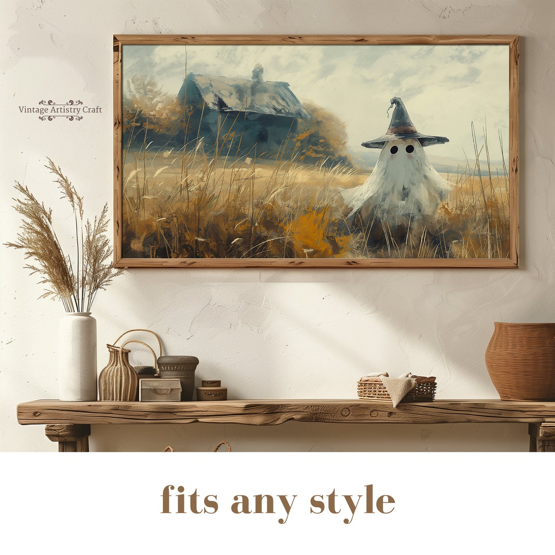 Cute Little Ghost Wearing Witch Hat Golden Fall Field Halloween Poster - Image 5