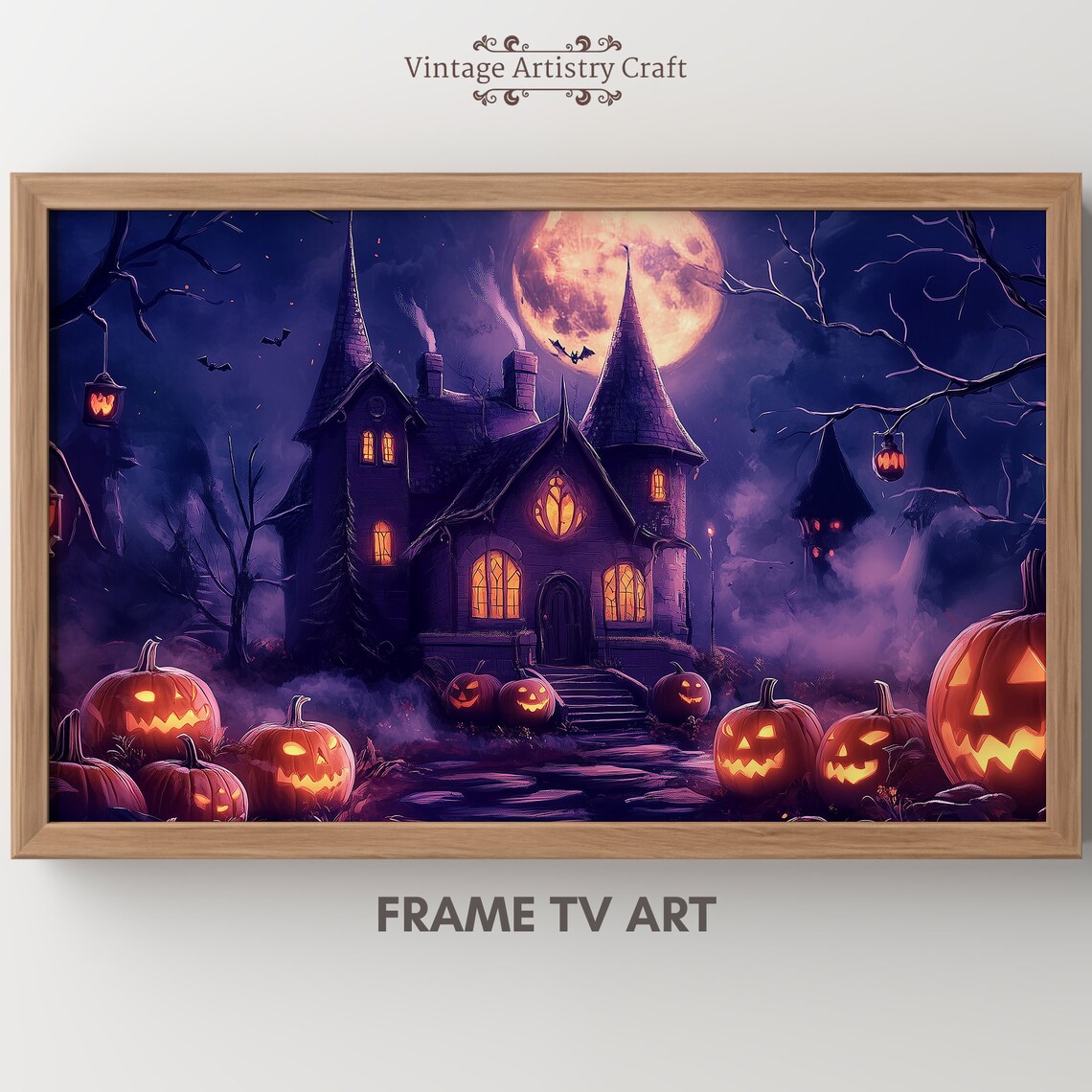 Haunted House Halloween Night Full Moon Pumpkins Spooky Painting Poster