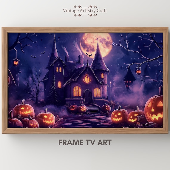 Haunted House Halloween Night Full Moon Pumpkins Spooky Painting Poster