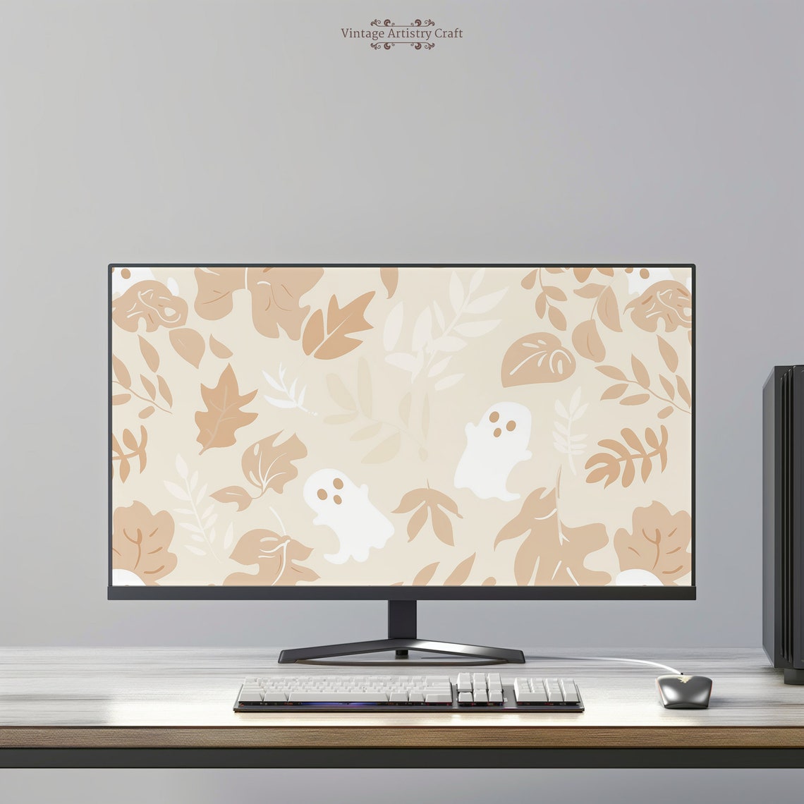 Cute White Ghosts Beige Leaves Soft Halloween Desktop Poster