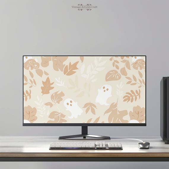 Cute White Ghosts Beige Leaves Soft Halloween Desktop Poster