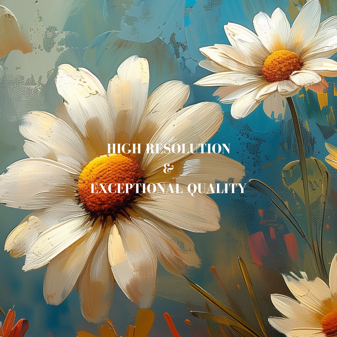 White Daisies Blue Abstract Background Vintage Floral Oil Poster - Image 7