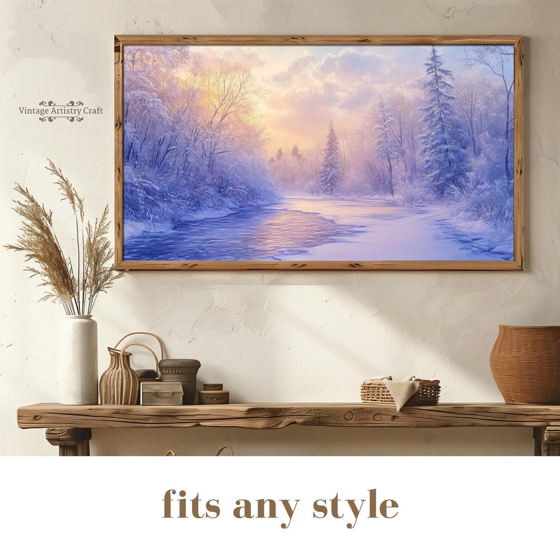 Pastel Purple Winter River Sunrise Snowy Pines Landscape Poster - Image 8