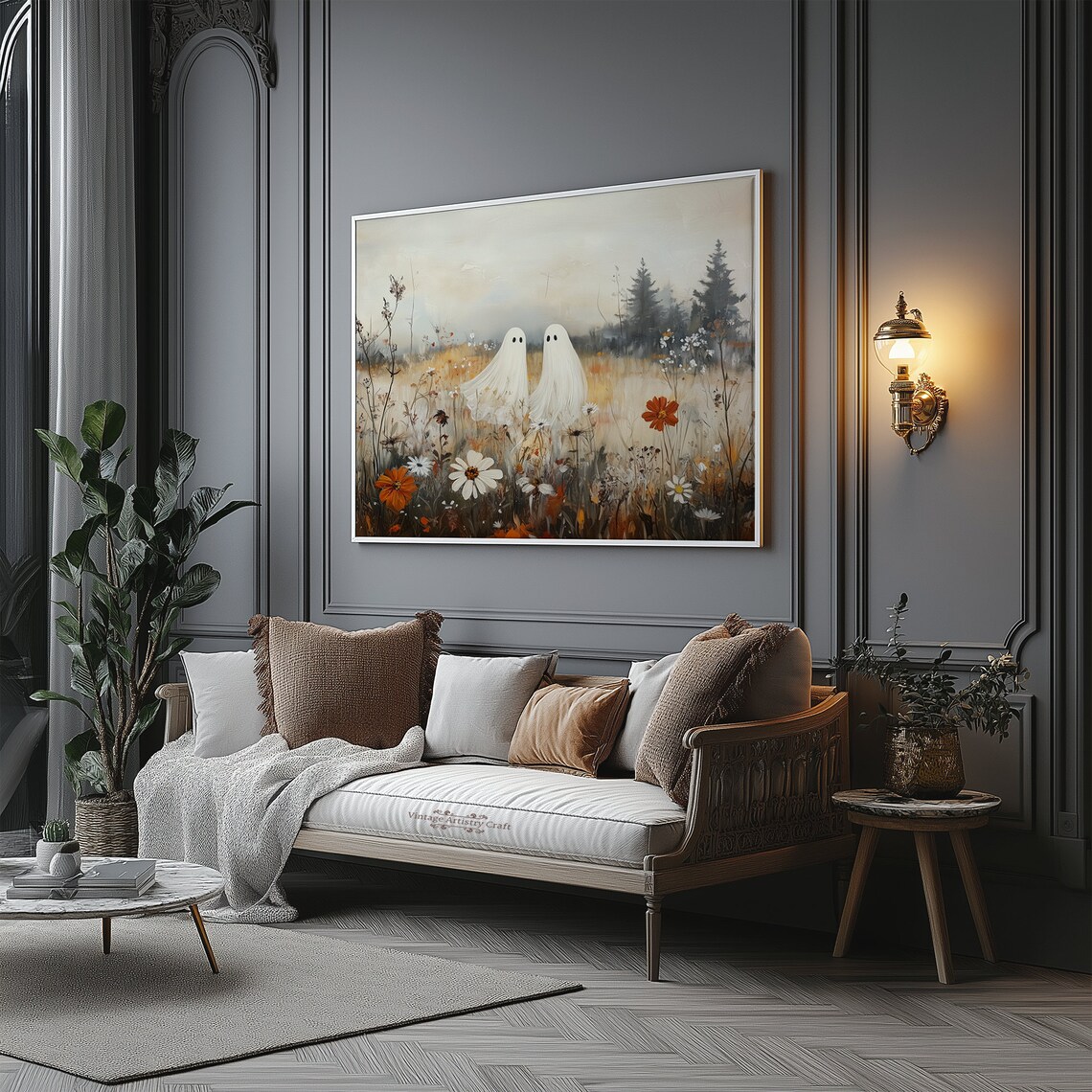 Ghost Pair Autumn Wildflower Field Halloween Vintage Painting Poster - Image 7