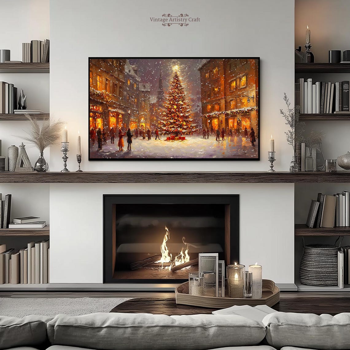Snowy Christmas Town Square Tree Night Lights Festive Winter Poster - Image 5