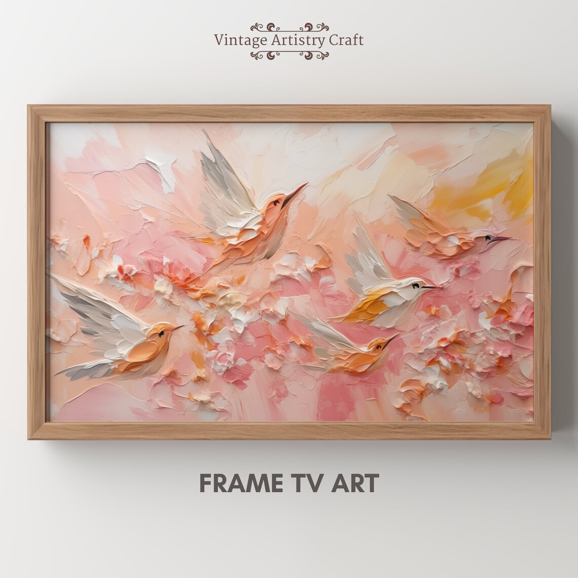 Flying Birds Pastel Pink Impasto Abstract Textured Painting Poster - Image 6